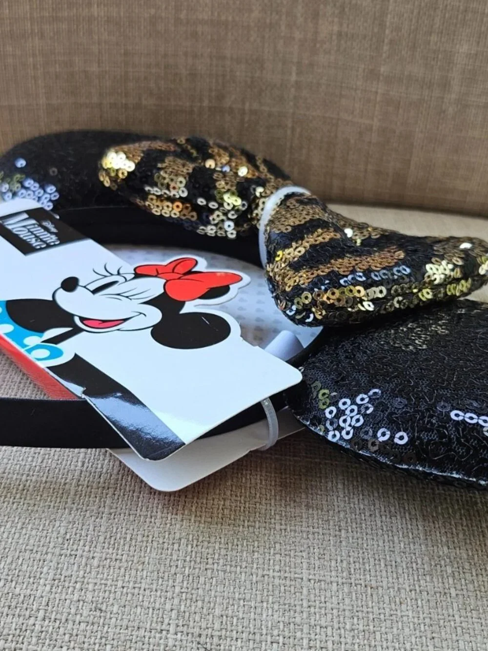 Disney Minnie Mouse Ear Headband Black/Gold Sequins BOW Hair Clip NWT